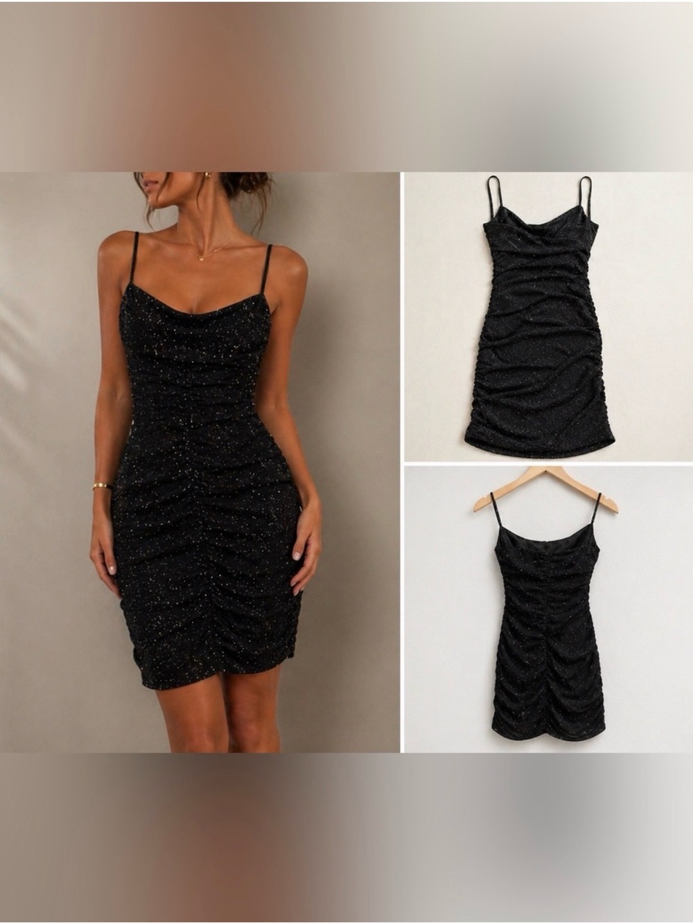 Windsor Black Sparkle Ruched Bodycon Mini Dress Strappy Prom Club